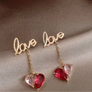 Letter LOVE Heart Shape Shiny Zirconia Inlaid Dangle Earrings Elegant Simple